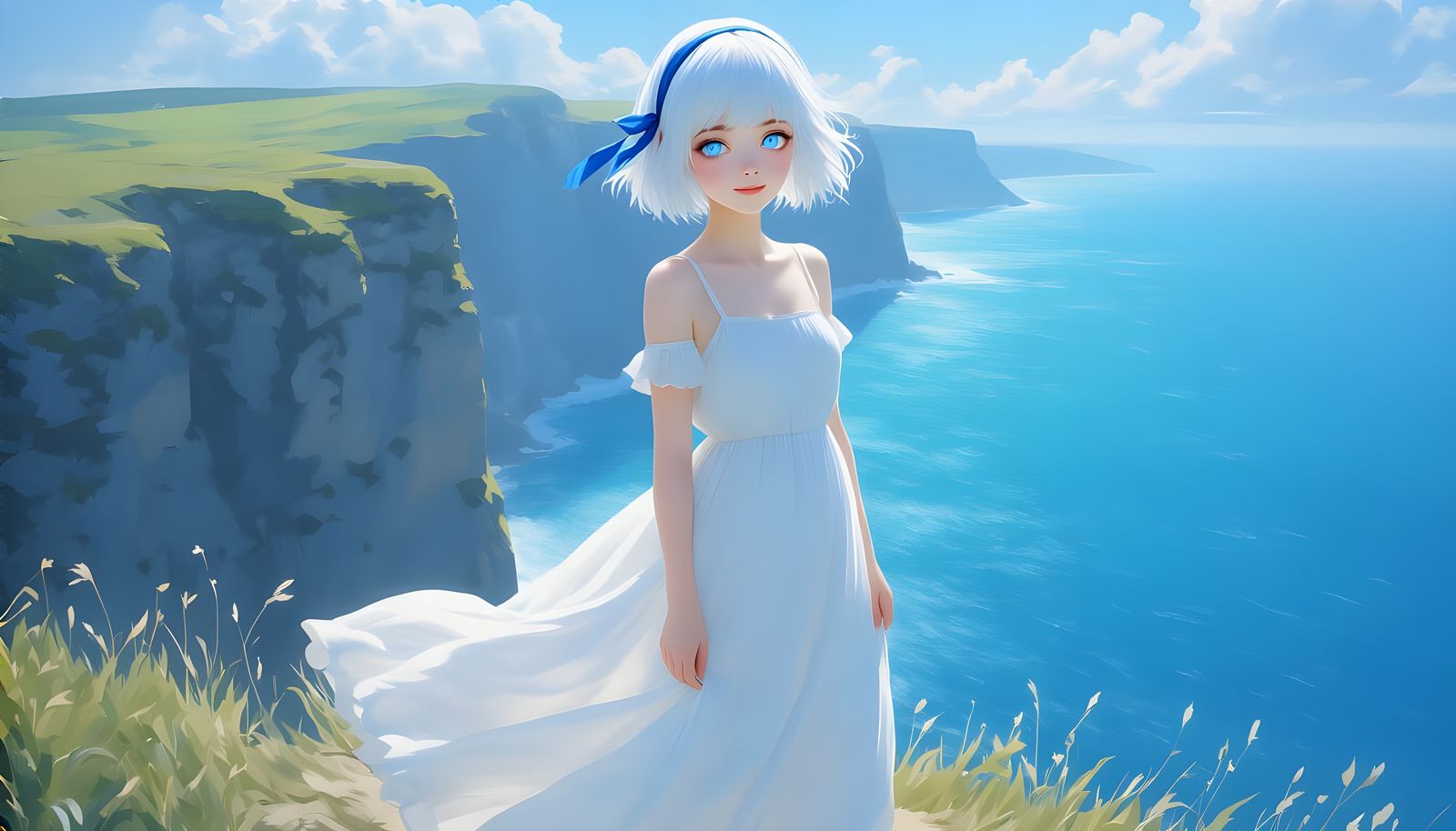 Anime Woman on Cliff with Flowing Dress