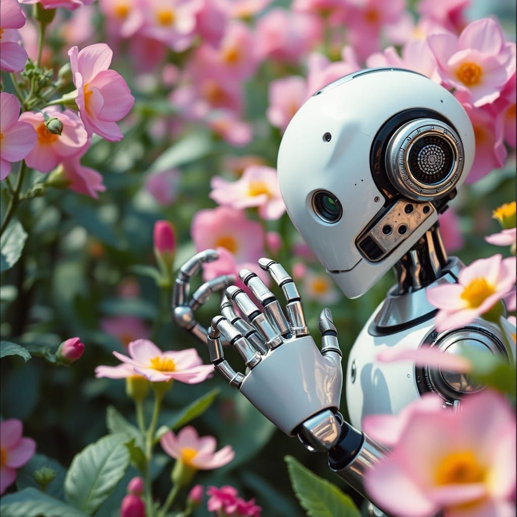 Curious Robot Examines Flower in Overgrown Garden