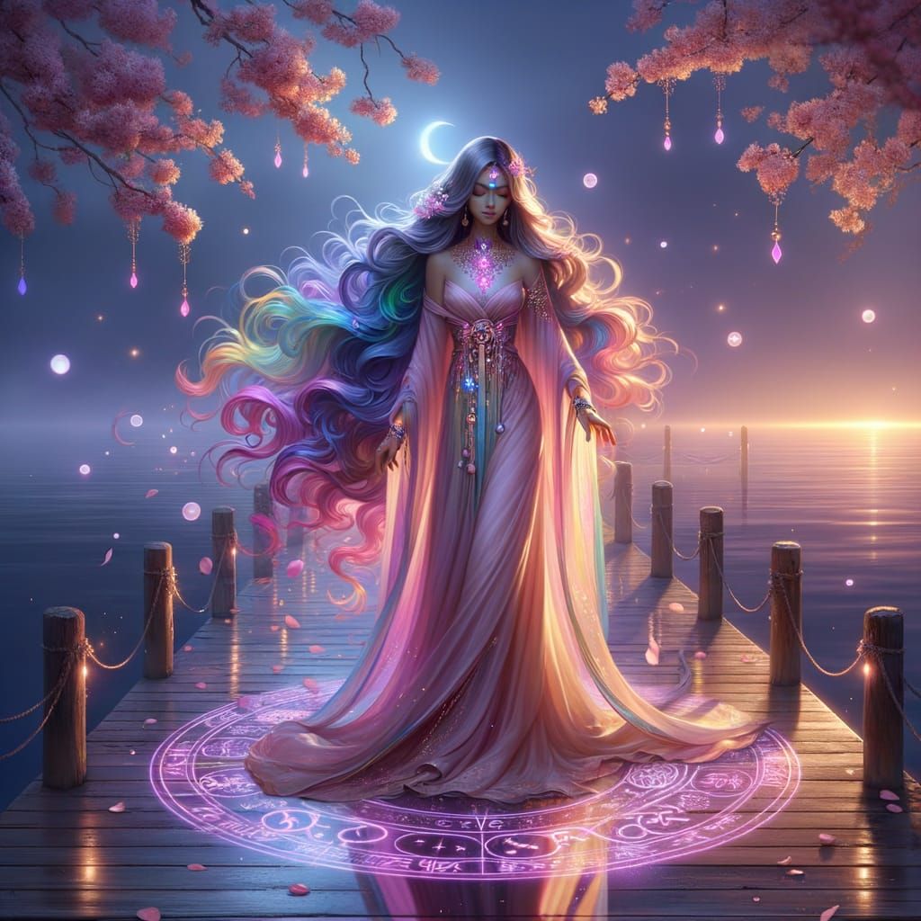Graceful Figure on Pier with Rainbow Curls at Twilight