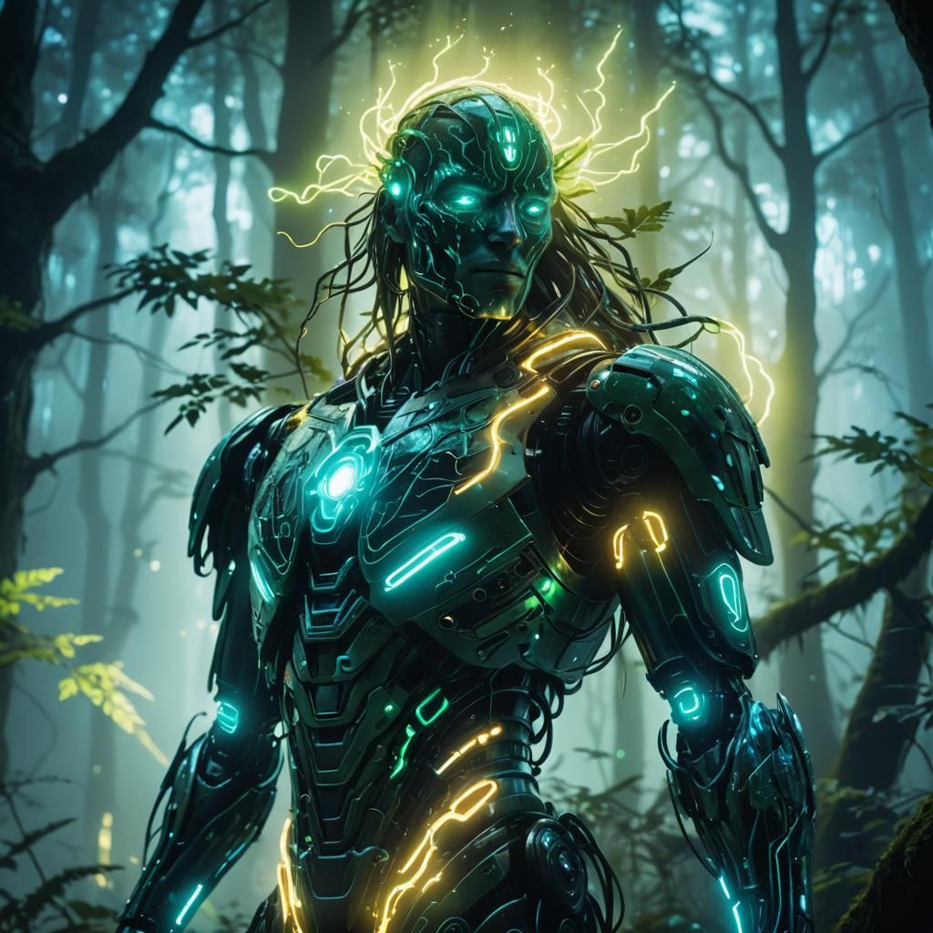 Iridescent Humanoid in Bioluminescent Sci-Fi Forest