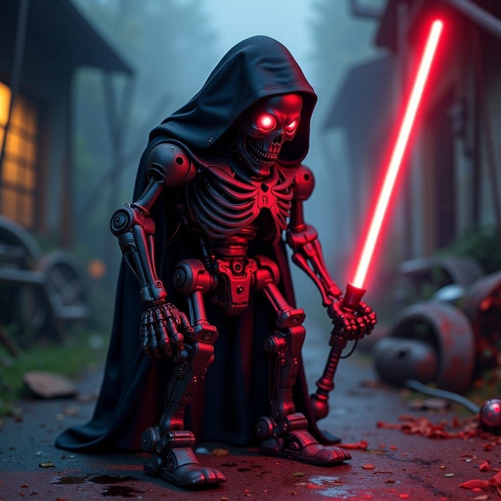 Neon Robot Grim Reaper in Surreal Setting