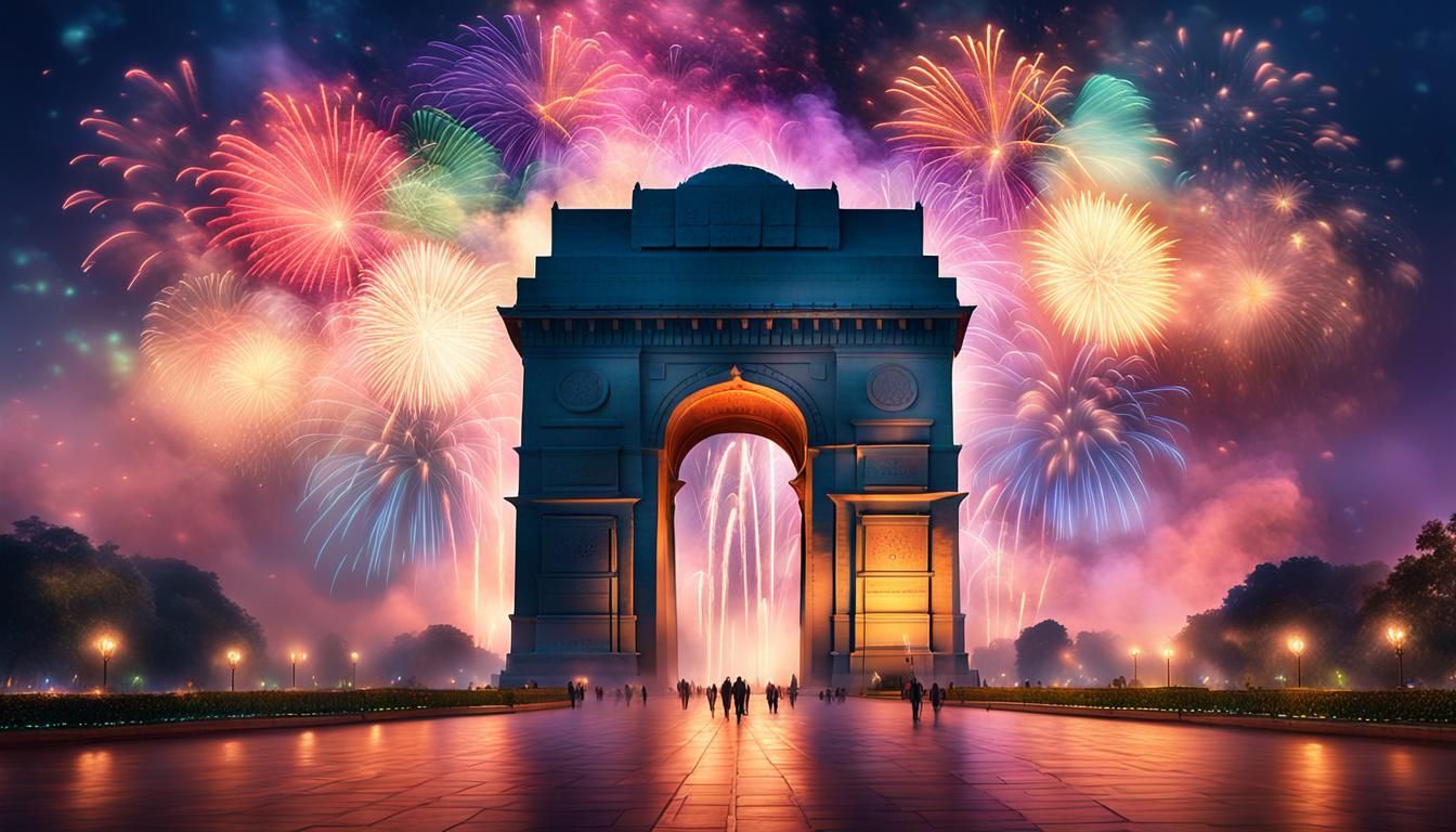 Diwali Fireworks over India Gate in Digital Art
