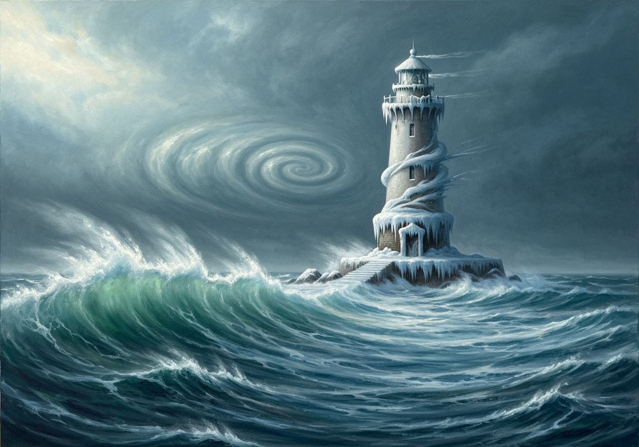 Frozen Lighthouse Fantasy on Stormy Winter Island