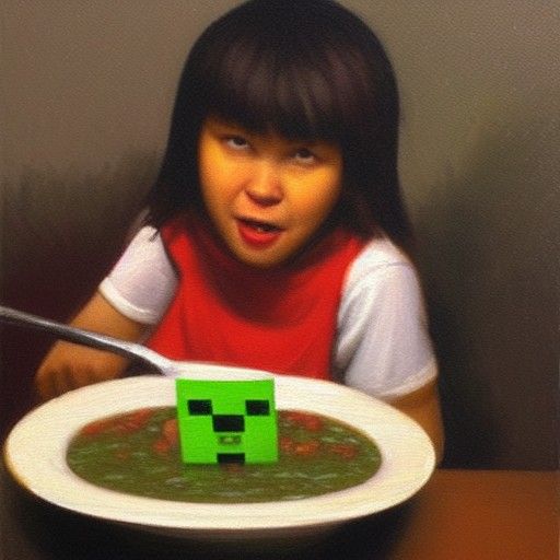 Minecraft Creeper Eating Soup as Oil Painting