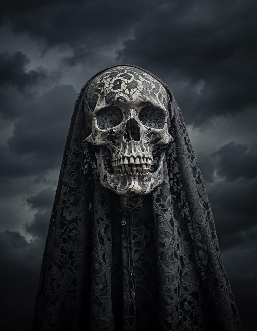 Gothic Skull in Lace Shroud Illustration