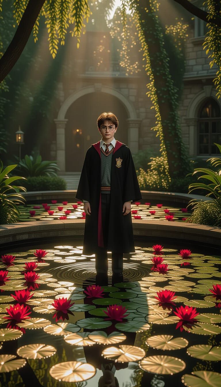 Harry Potter in a Serene Yard with Lily Pond