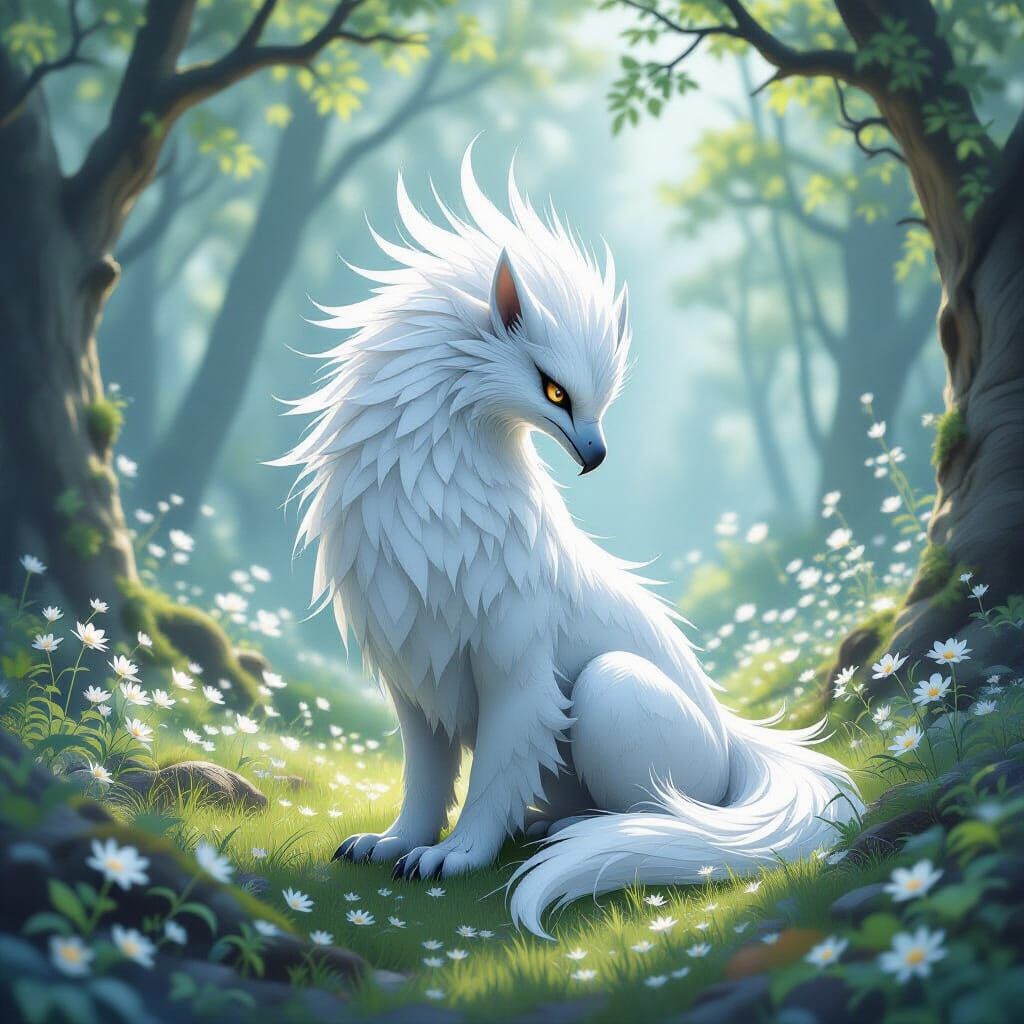 White Griffin in Ethereal Forest: Fantasy Illustration