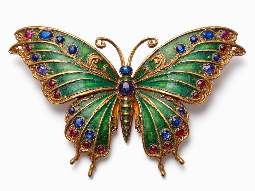 Art Nouveau Butterfly Brooch with Enamel and Gems