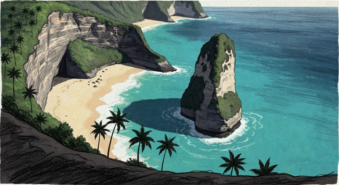 Kelingking Beach in 2D Animated Charcoal Style