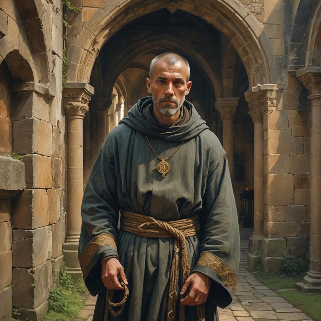 Ethereal Monk in Medieval Abbey, Dramatic Lighting