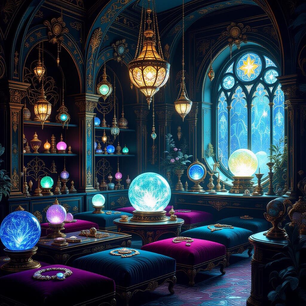 Mystical Jewelry Shop with Glowing Artifacts in Art Nouveau ...