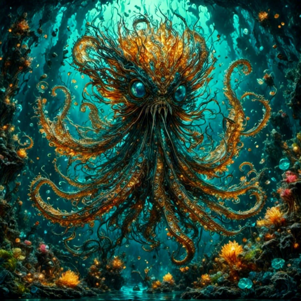 Armored Fish in Bioluminescent Underwater Ukiyo-e