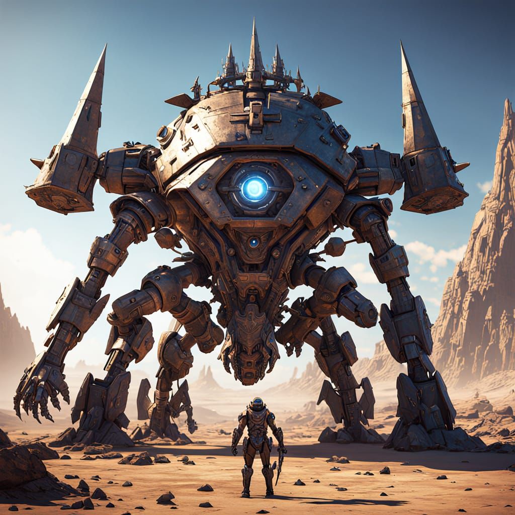 Mechanical Warrior in Desolate Wasteland