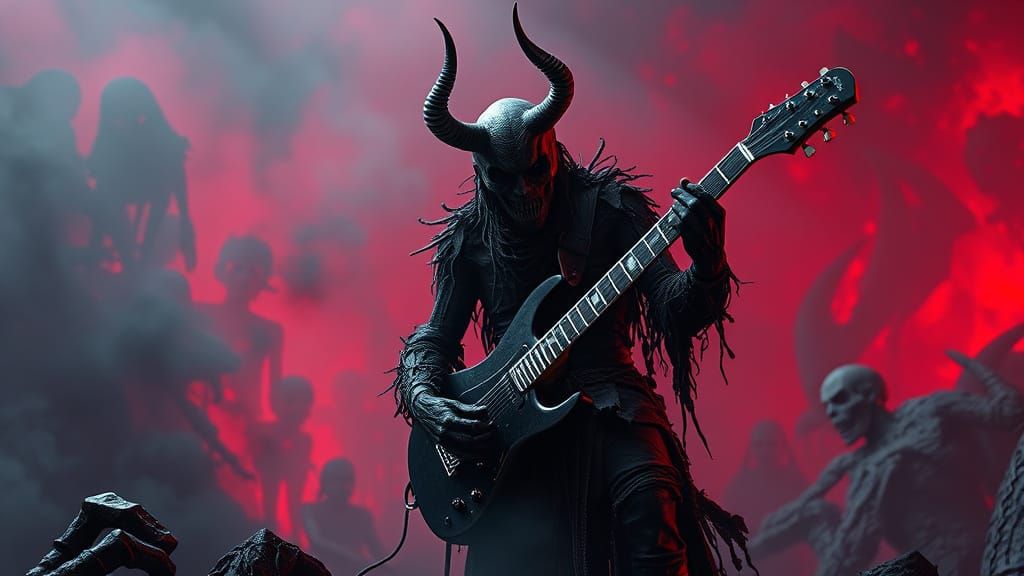 Hellish Faceless Demon Guitarist in Surrealist Horror Style