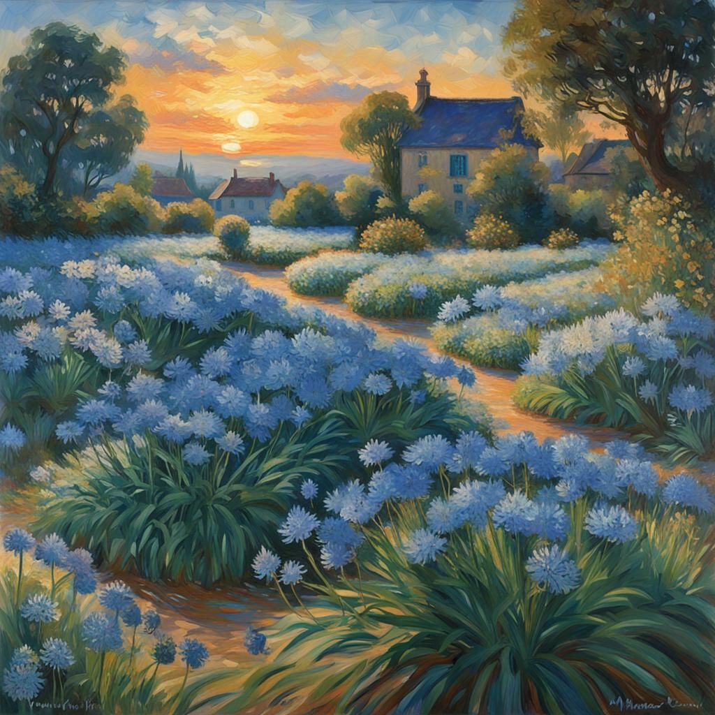 Agapanthus Field at Sunset in Impressionist Style