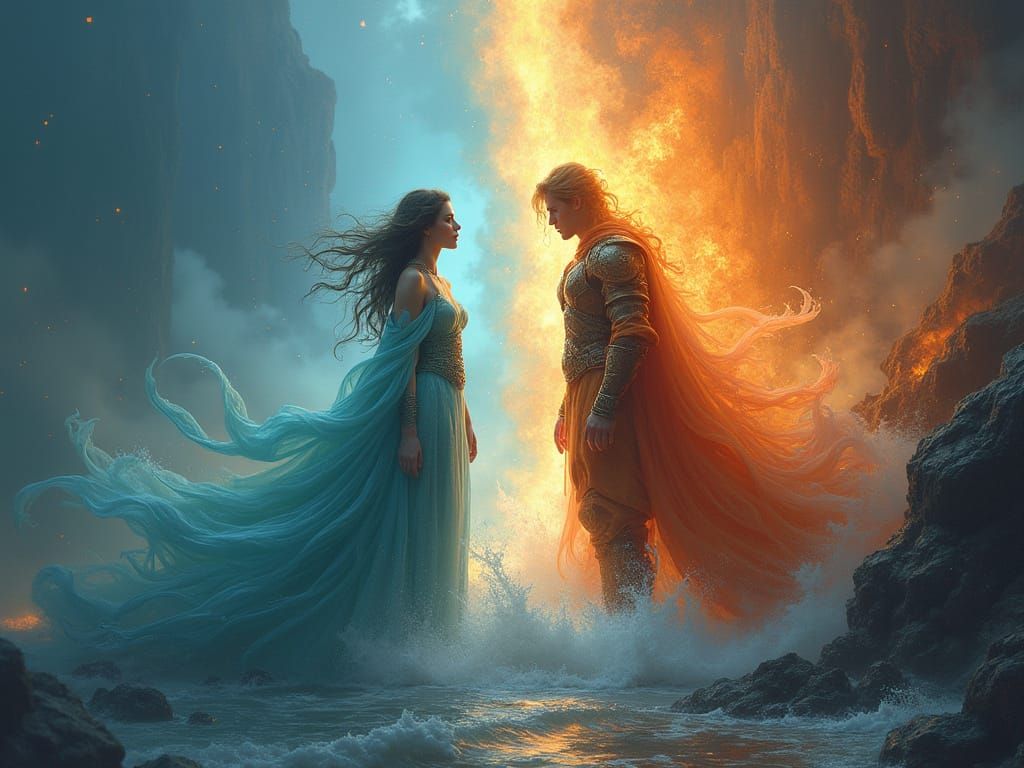 Ocean Woman and Fire Man at World's Edge