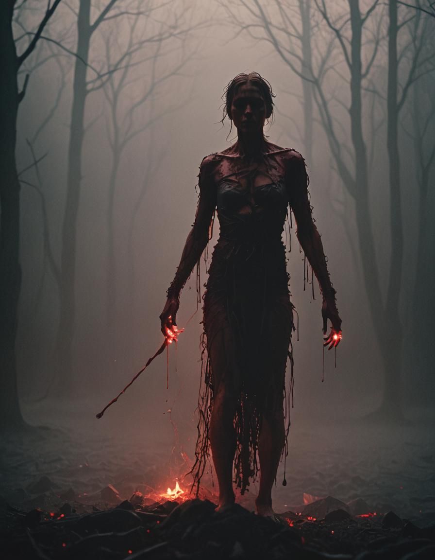 Bloody Figure in Dark Mist: Cinematic Film Still