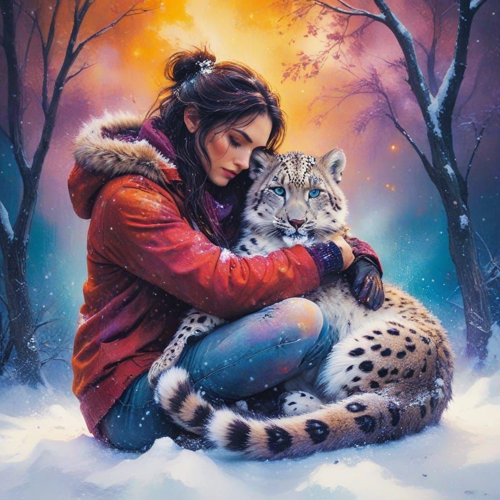 Woman and Pet Snow Leopard in Fierce Blizzard
