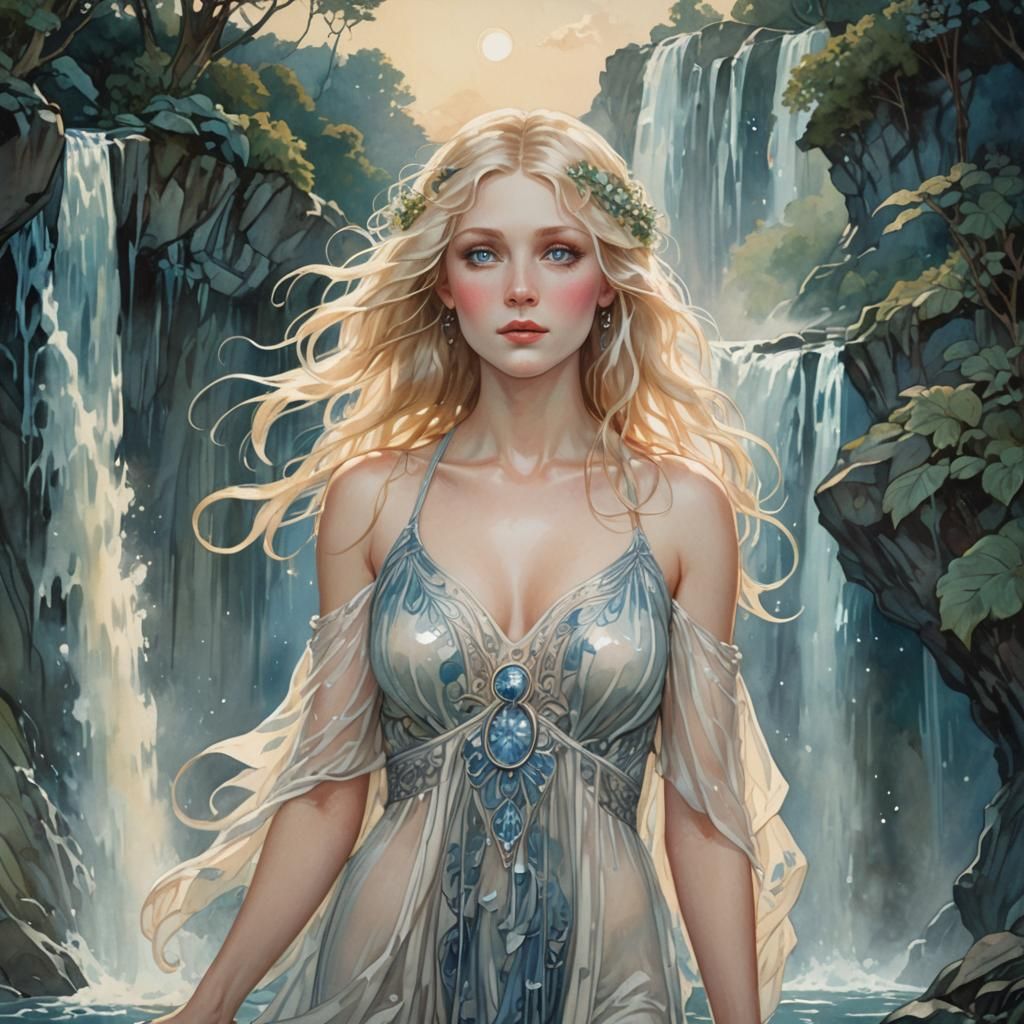 Moonlit Waterfall Portrait in Art Nouveau Style