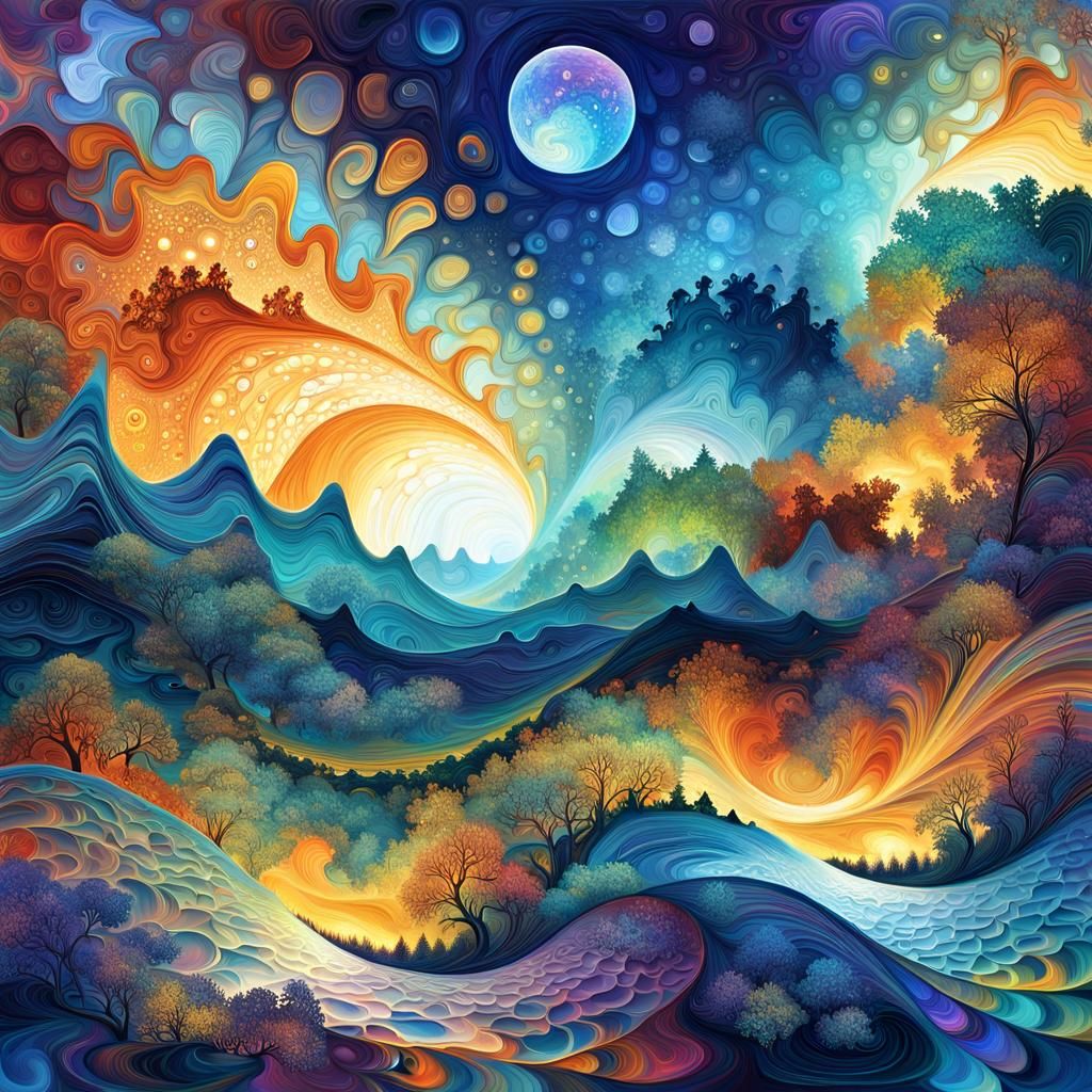 Radiant Fractal Landscape with Galaxy Reflections