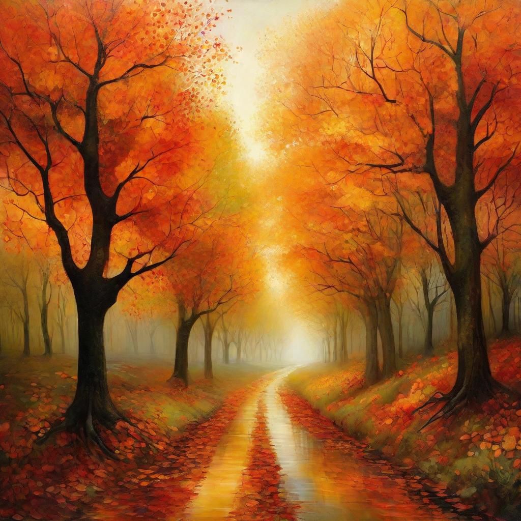 Autumn Landscape Illustration with Detailed Leaves