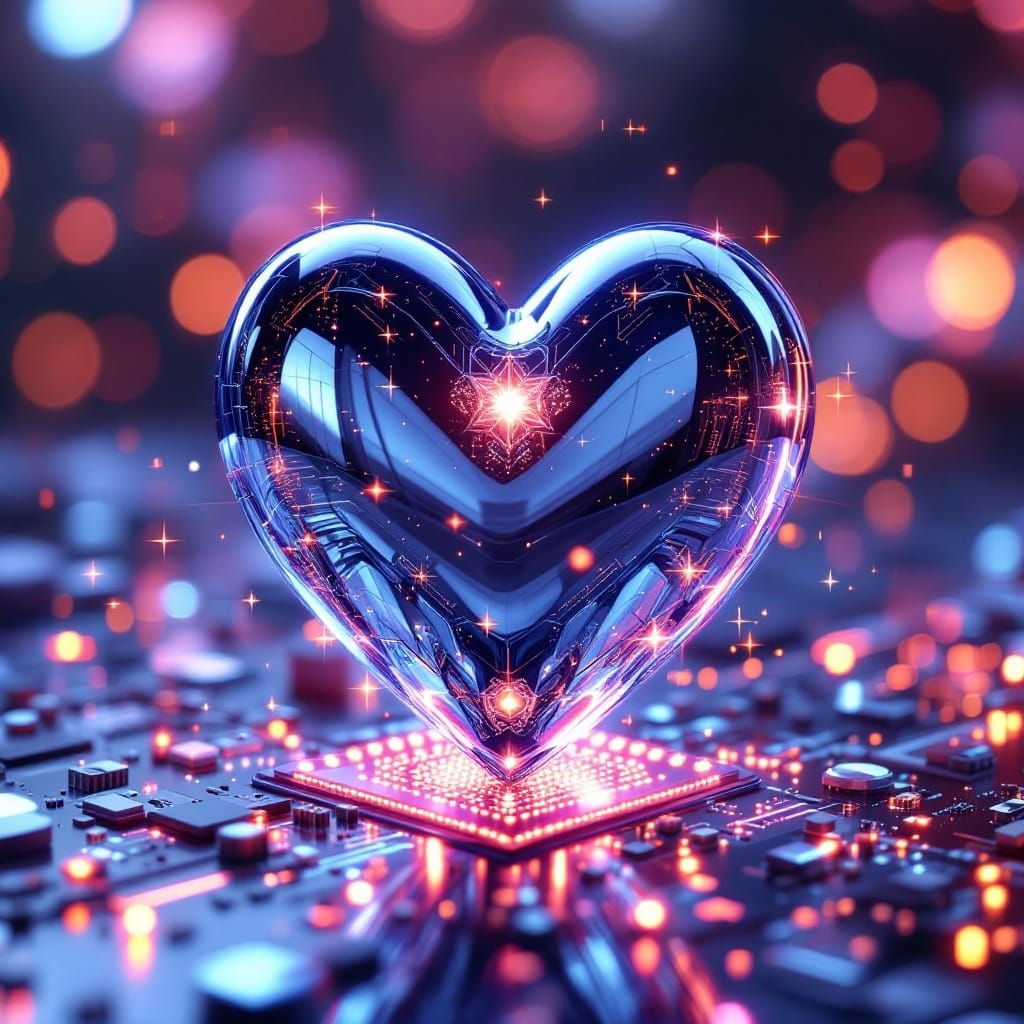 Gleaming Chrome Heart on Quantum Circuit Board