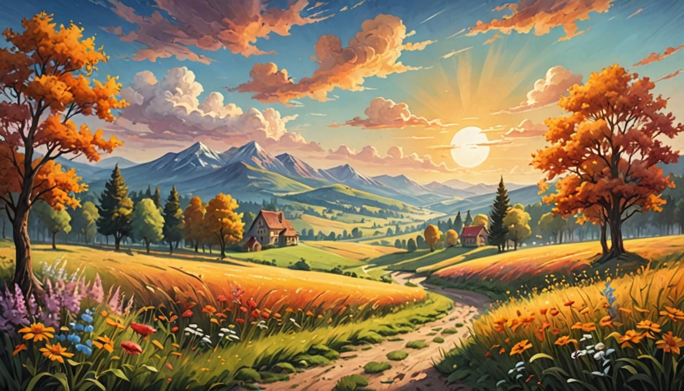 Dreamy Summer Landscape in Chalk Art Style