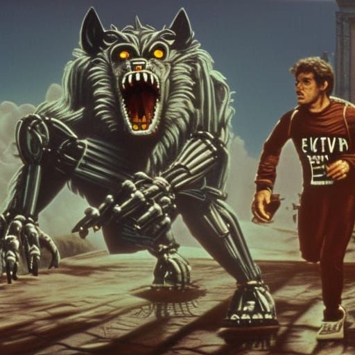 Robot Werewolf Jogging in 1980s, Digital Matte Painting