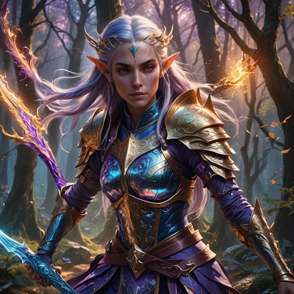 High Elf Fighter Casting Magic in Oil Painting Style