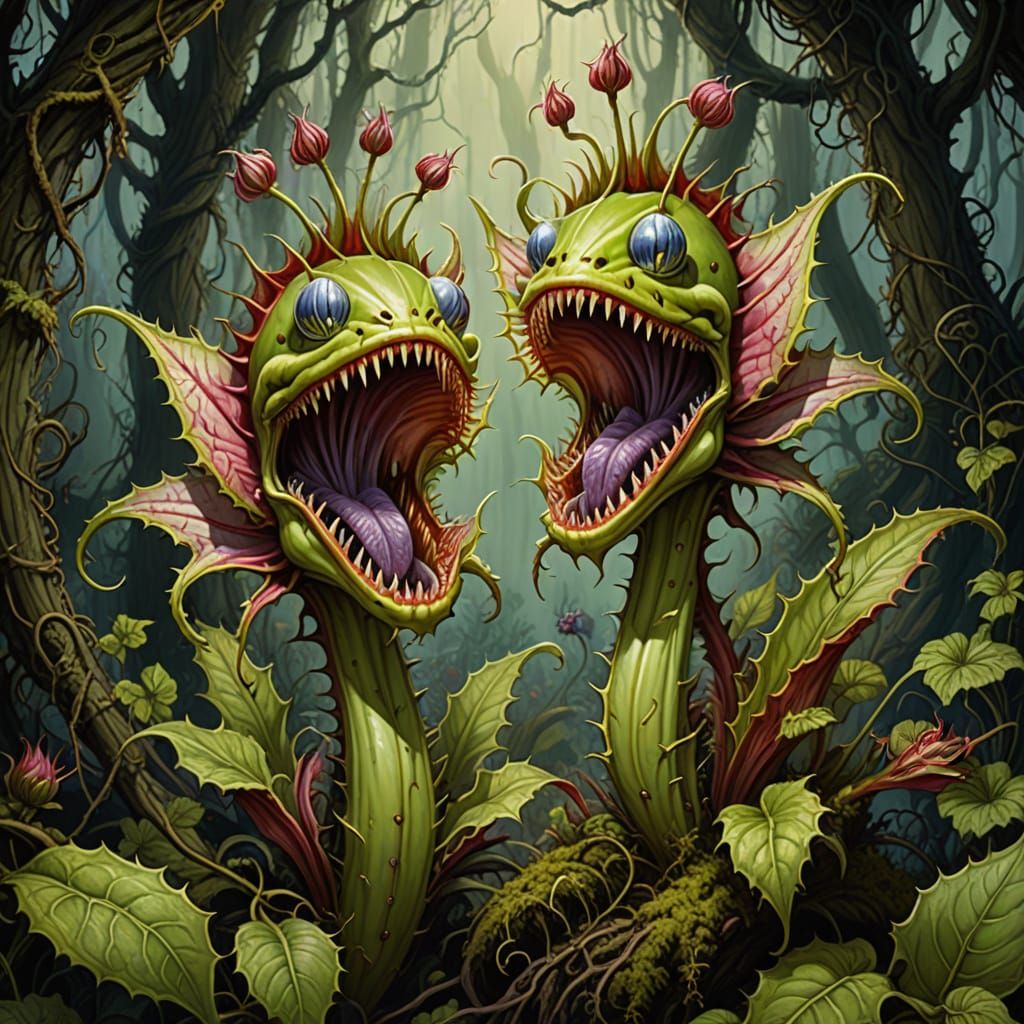 Two-Headed Venus Flytrap Guardian in Enchanted Forest