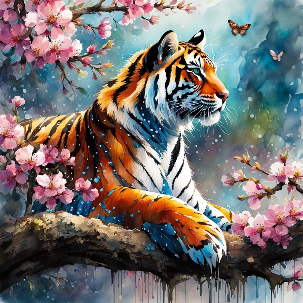 Colorful Tigress with Butterfly Wings in Watercolor