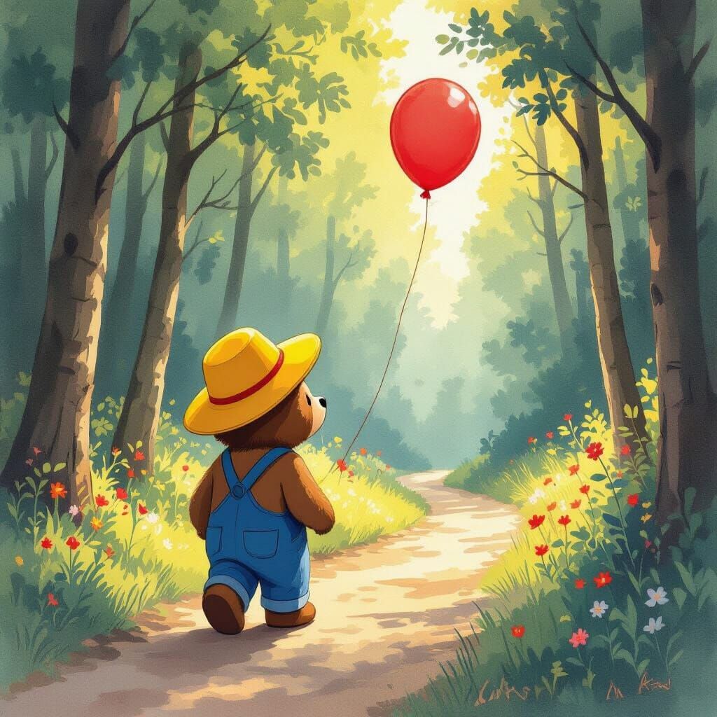 Cartoon Bear Walks Forest Path with Balloon, Watercolor Styl...