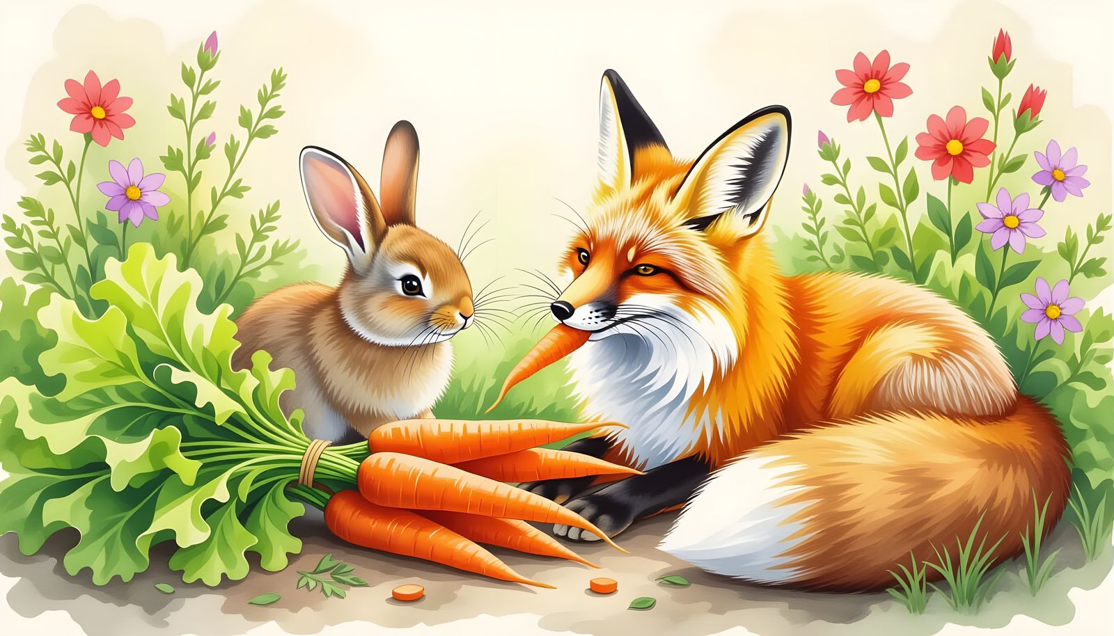 Rabbit and Fox Share Carrots in Whimsical Garden