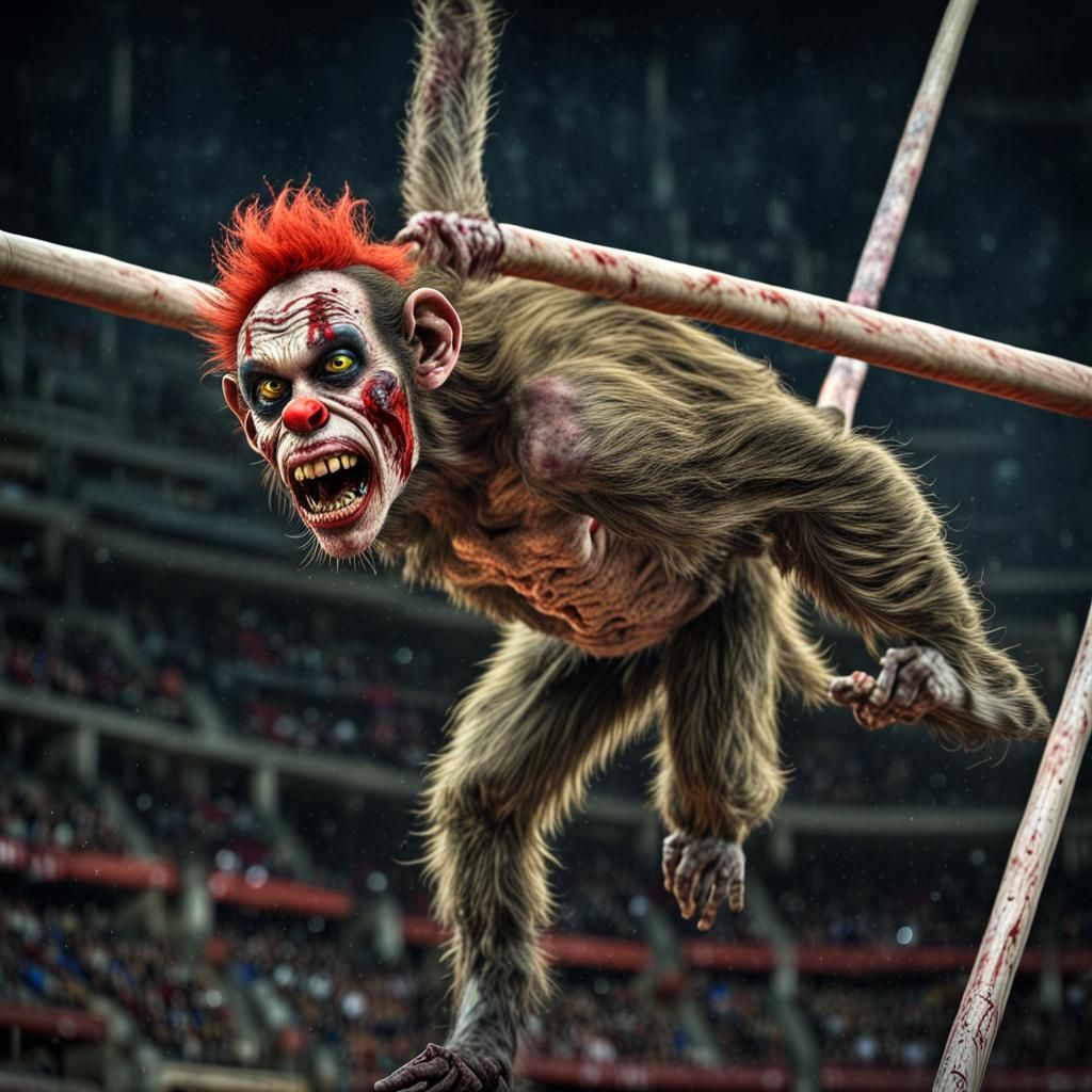 Zombie Monkey Clown Pole Vaulting in Hyperrealistic Style