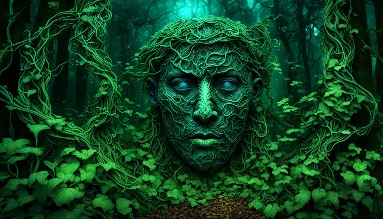 Vines Form Face Outline in Forest: Detailed Matte Painting