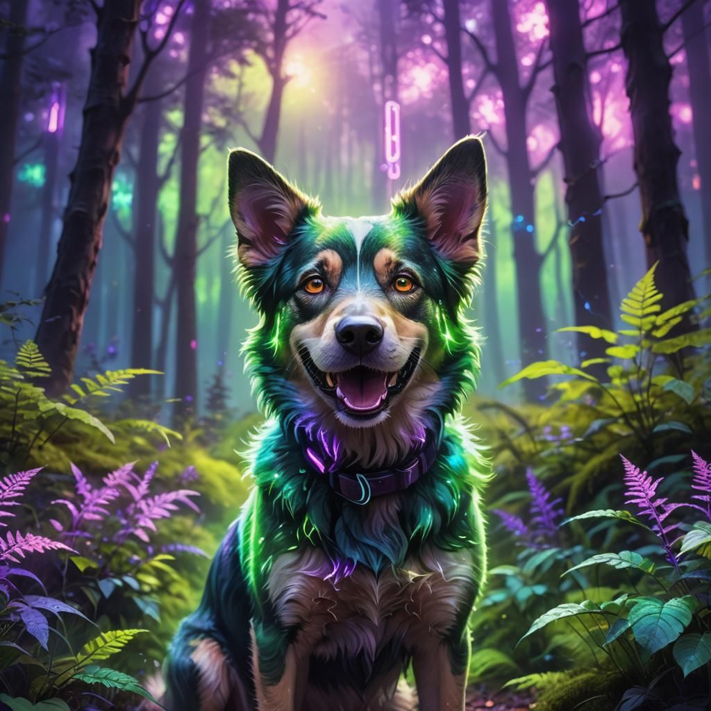 Smiling Dog with Neon Aura in Forest