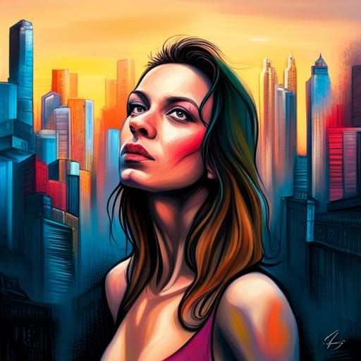 Woman Mesmerized by Dawn in Futuristic Graffiti Art