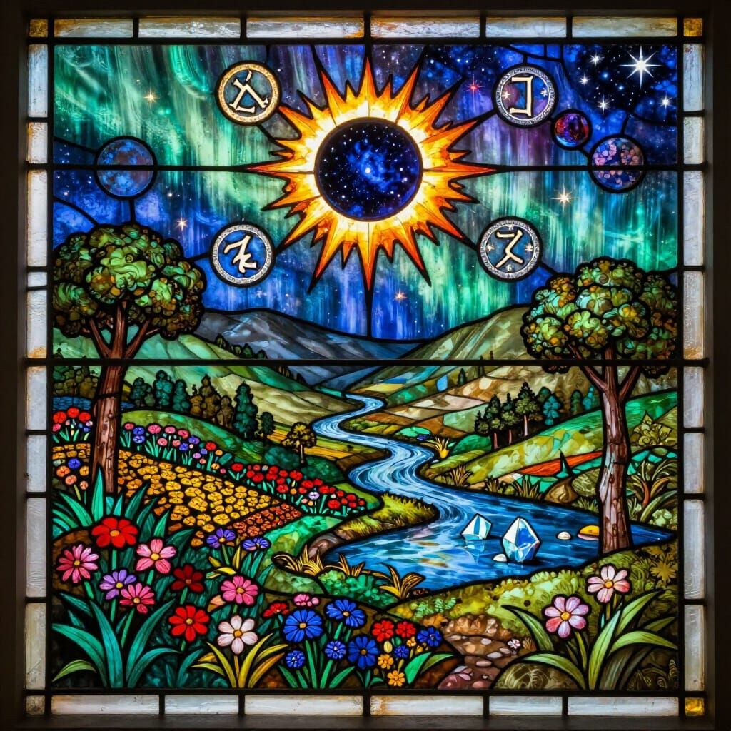 Stained Glass Valley with Eclipsed Sun and Celestial Wonders