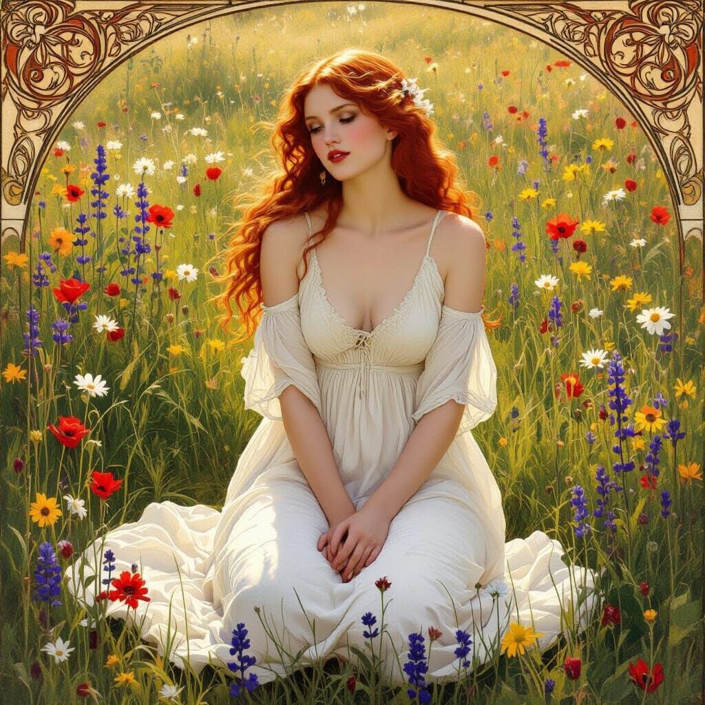 Woman in Meadow, Pre-Raphaelite Style