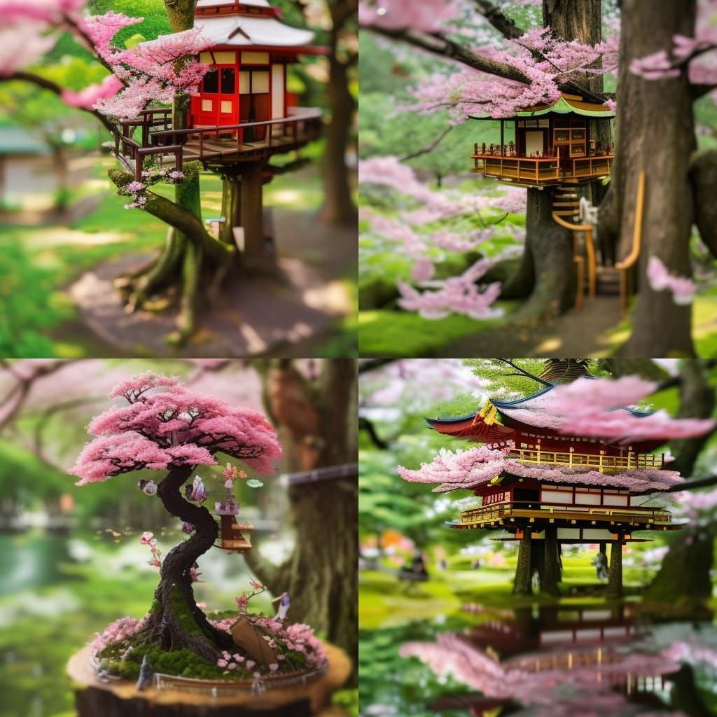 Cherry Blossom Treehouse: Anime Portrait near Mount Fuji