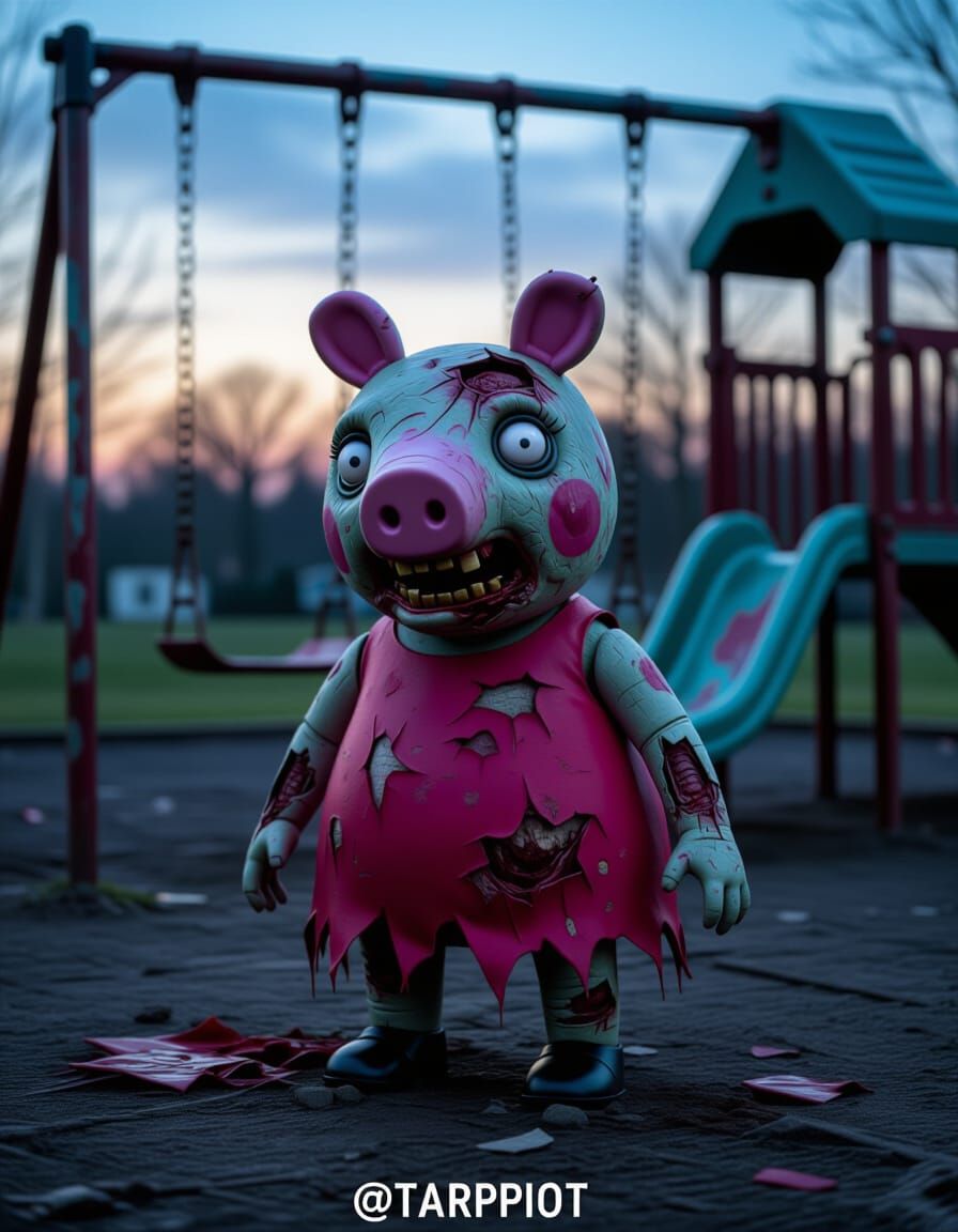 Zombified Peppa Pig on Grimy Playground