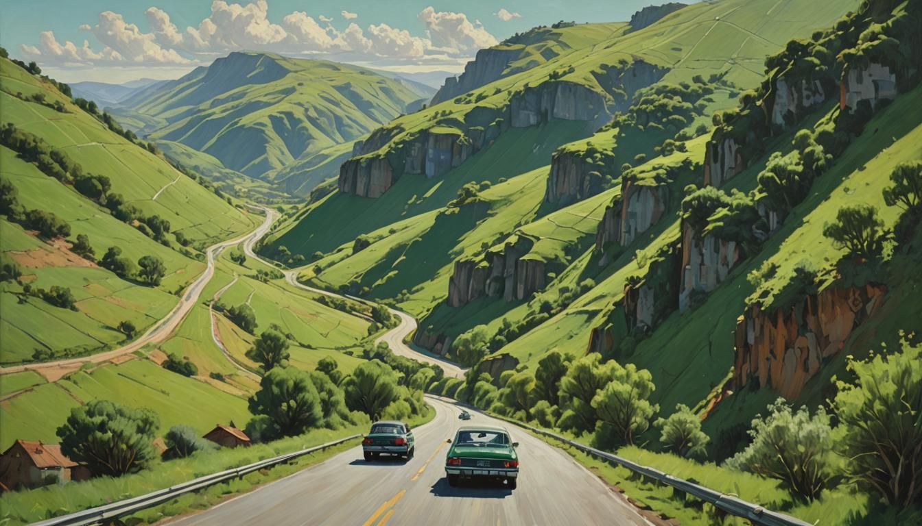 Scenic Road Through Green Valleys as Oil Painting