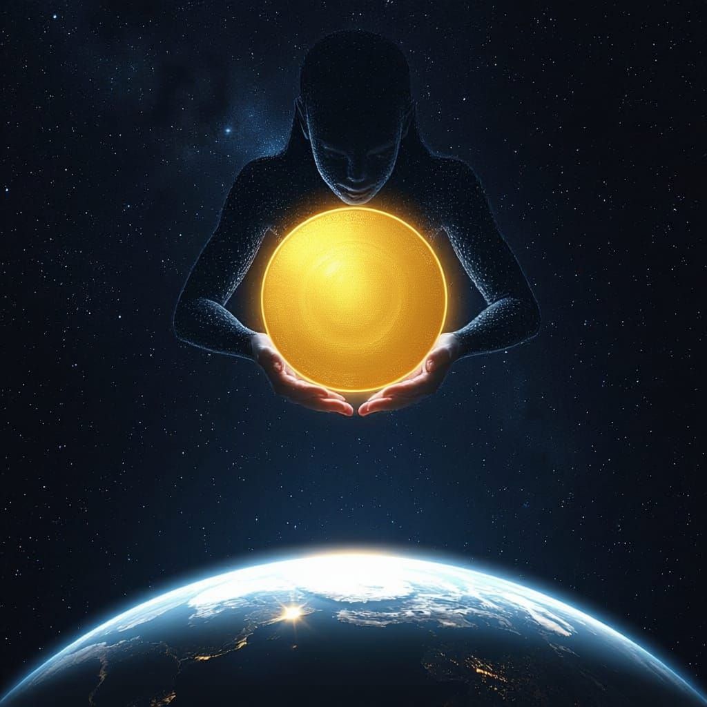 Egyptian Goddess Nut Arches Over Earth with Radiant Sun Disc