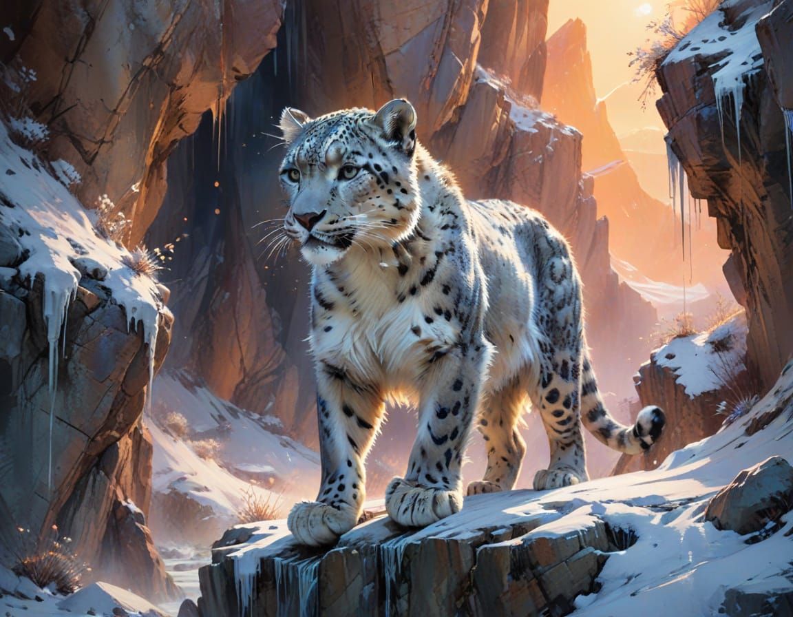 Snow Leopard in Winter Crystal Canyon: Watercolour Style