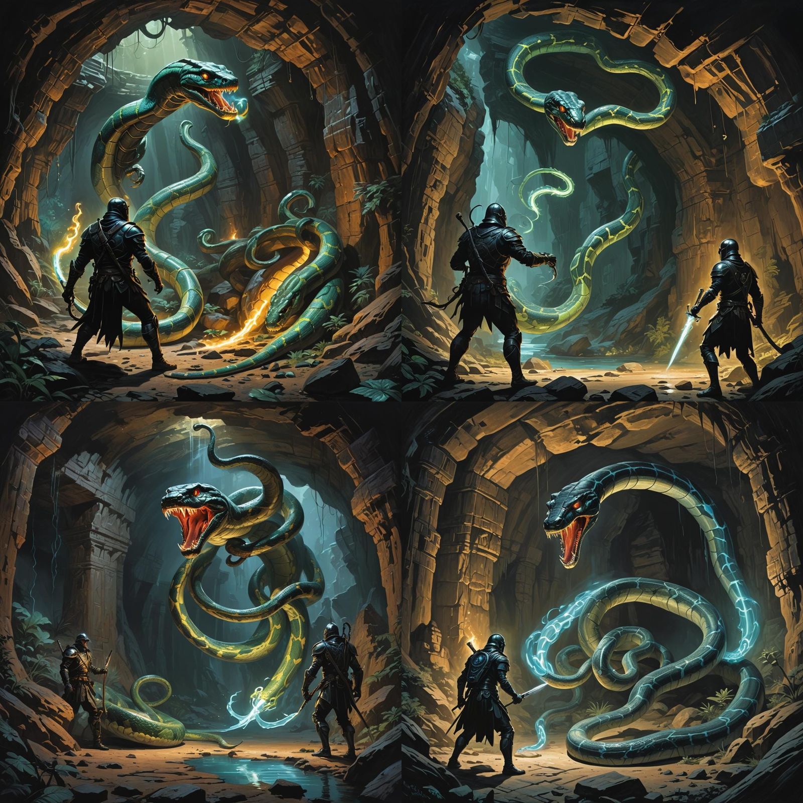 Bioluminescent Snake Stalks Knight in Cave