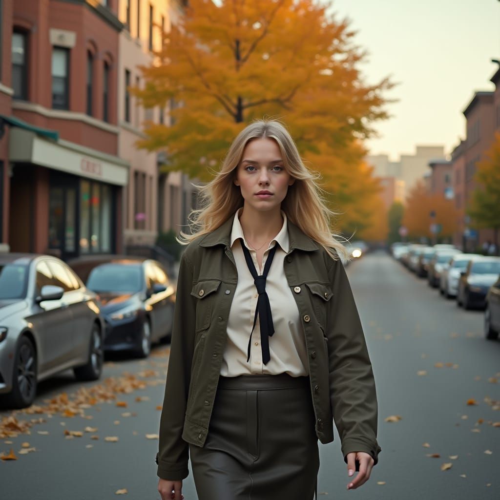 Hyperrealistic Photo of Blonde Woman on Autumn Street