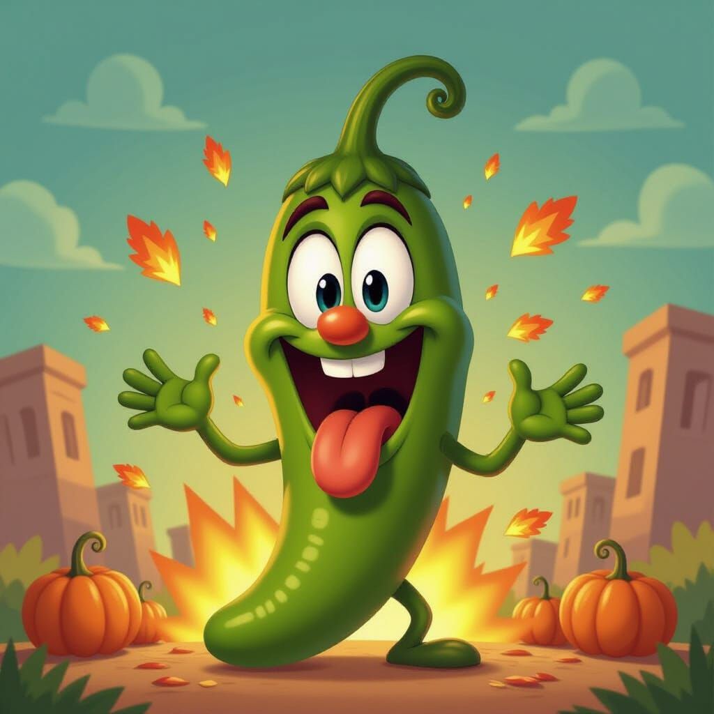 Cartoon Chili Pepper Surrounded by Flames in Disney Style