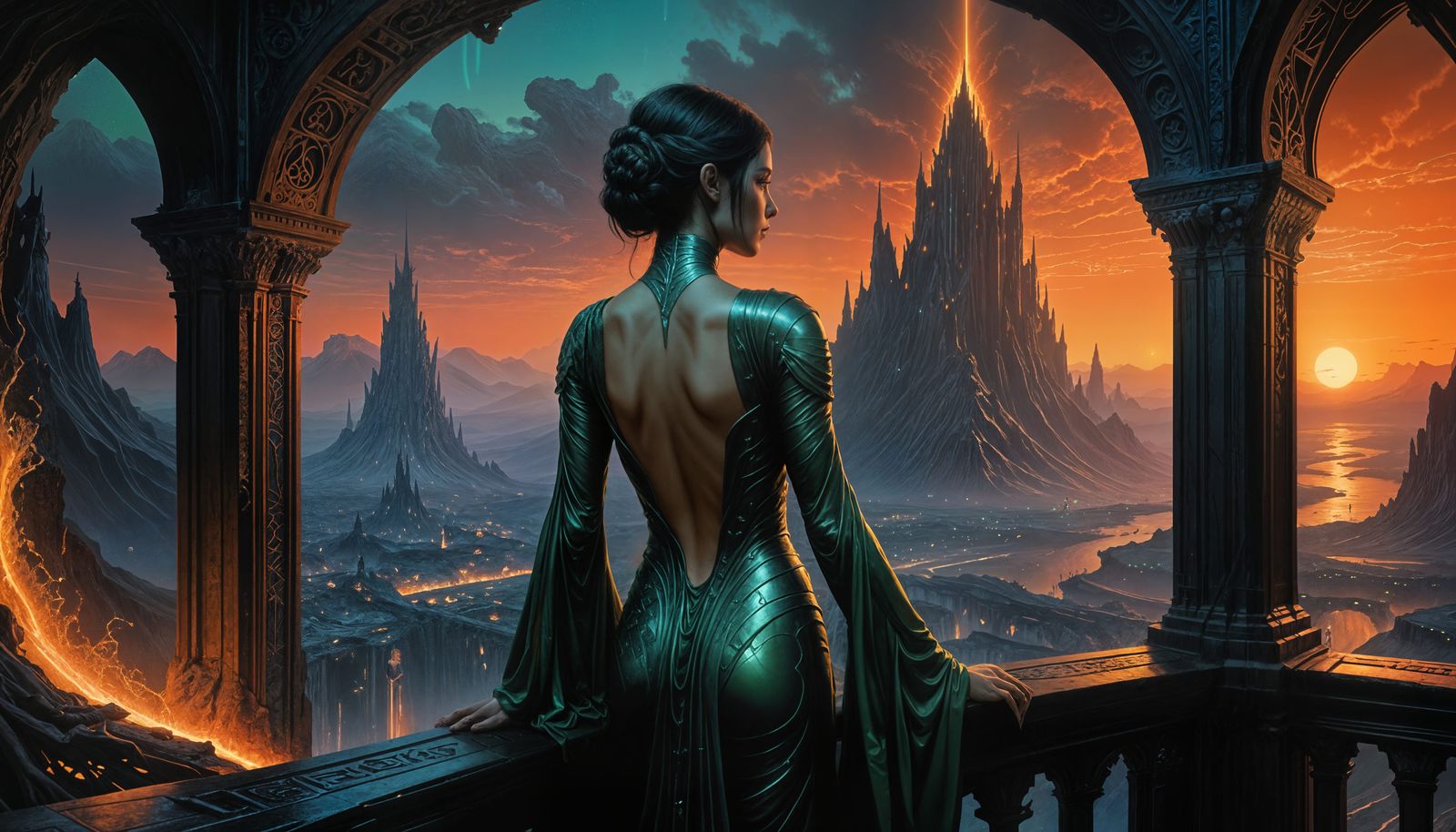Ethereal Elven Priestess in Sci-Fi Volcanic Landscape