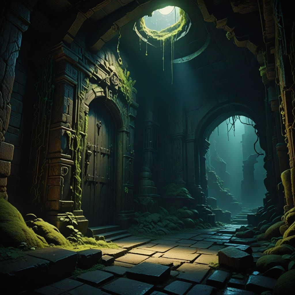 Dark Fantasy Dungeon Chamber with Glistening Slime and Moss-...