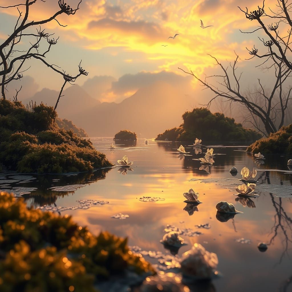 A captivating fantasy photograph depicts a "candy swamp" sce...
